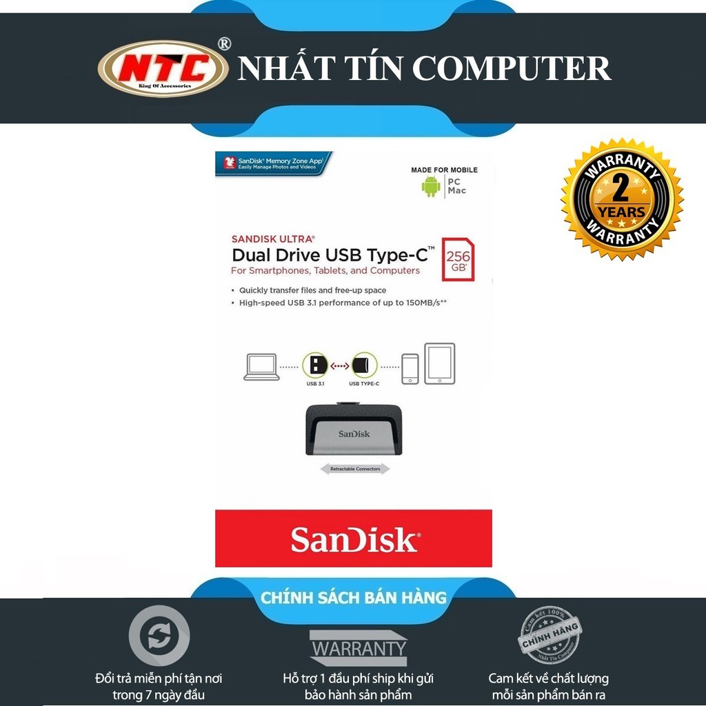 USB OTG Sandisk Ultra Dual Type-C 3.1 256GB 150MB/s (Bạc)