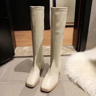 Boot Nữ Boot Đùi Da Mũi Vuông Khóa Sau Gót 5cm