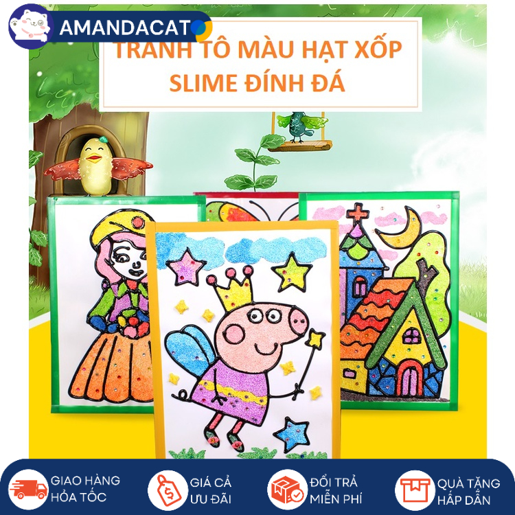[Hàng mới về] Tranh tô màu Hạt Xốp, Bọt Xốp Slime cho bé - Tranh thủ công hạt Xốp đính đá