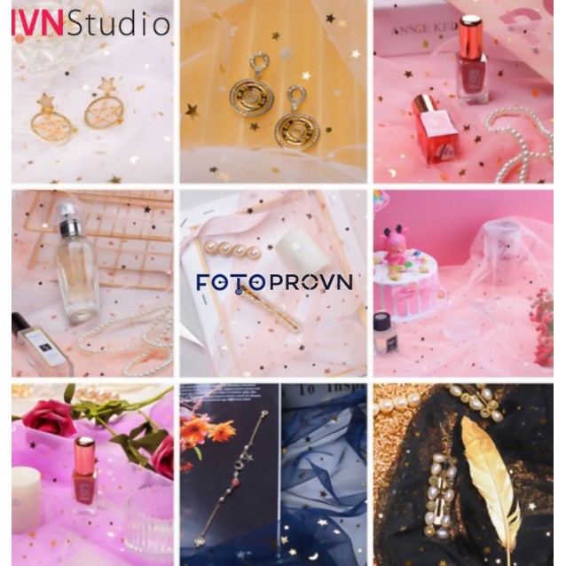 Tấm vải voan lưới đính trăng sao làm phông nền chụp sản phẩm, chụp nail, trang trí sinh nhật, làm rèm decor