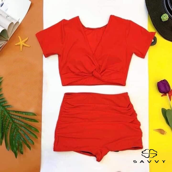 Bikini 2 Mảnh Lưng Cao, Áo Croptop Đỏ Xoắn Ngực Quyến Rũ SV2M0XN