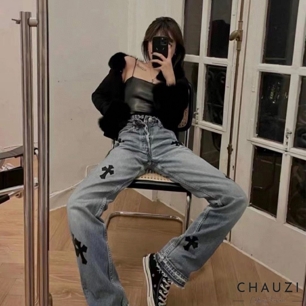 Quần jean ống rộng CHAUZI quần thêu chữ Thập kiểu ống rộng quần bò nam nữ Unisex dáng suông chất bò