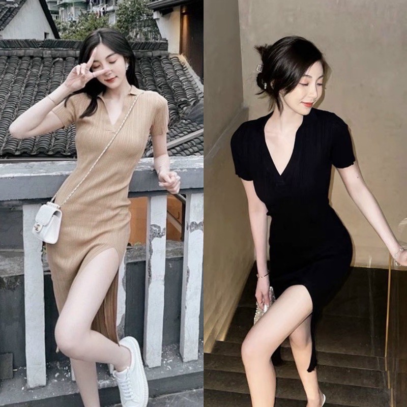 Đầm body polo midi màu nude cổ bẻ xẻ đùi (về thêm đen, trắng) | BigBuy360 - bigbuy360.vn