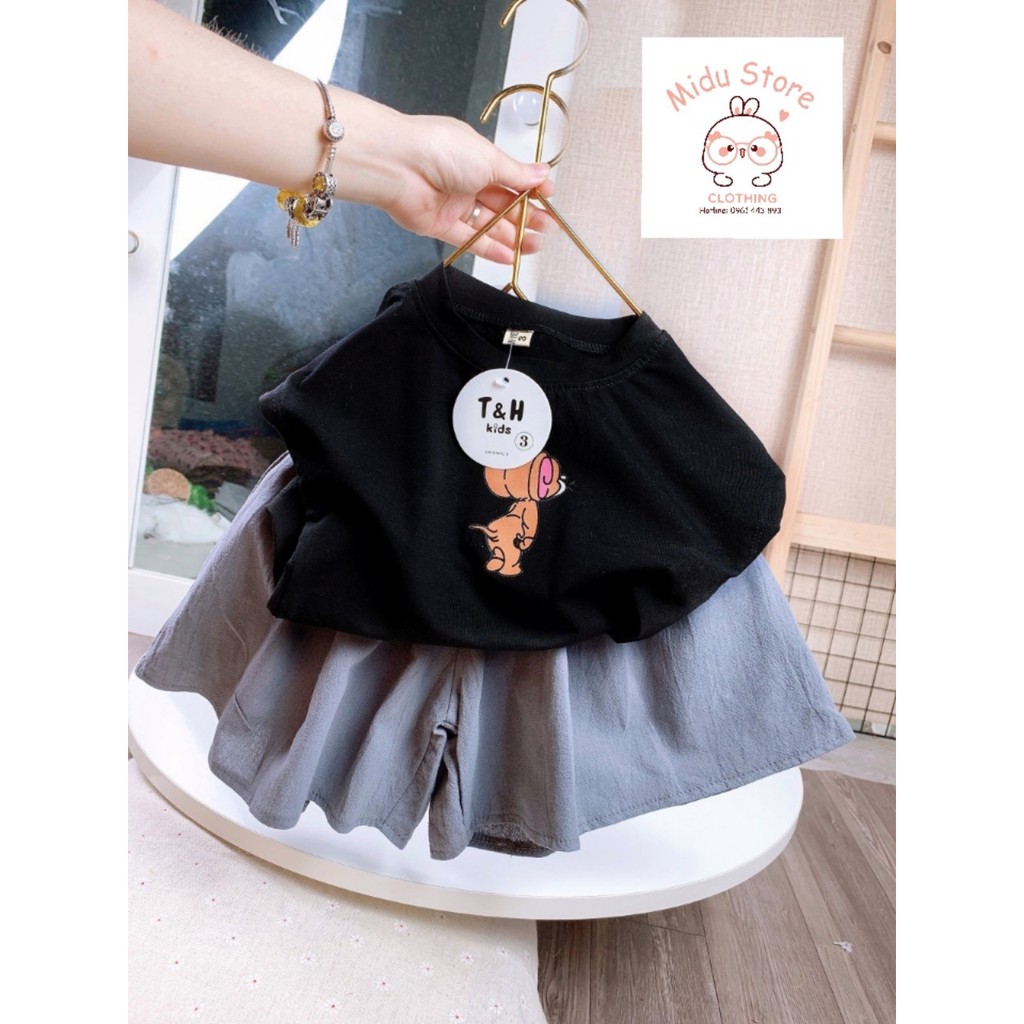 Bộ ba lỗ sát nách cho bé gái xinh, Bộ Midu store chuột jenney áo coton quần đũi giả váy cho bé 7-20kg