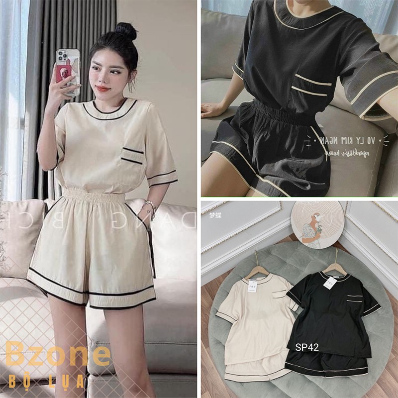 Bộ lụa mặc nhà quần đùi + áo cộc tay viền tỉ mỉ (S43)