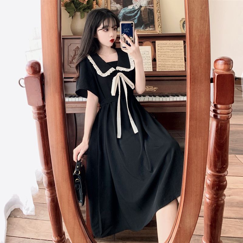 Váy babydoll đầm babydoll Đầm Dài Cổ Búp Bê Cột Dây Màu Đen Phong Cách Preppy Thời Trang Mùa Hè 2022