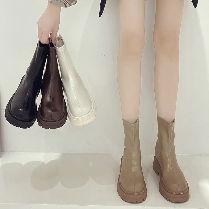 Boots nữ cổ ngắn da mềm ôm chân đế dày cao 4cm có khoá kéo