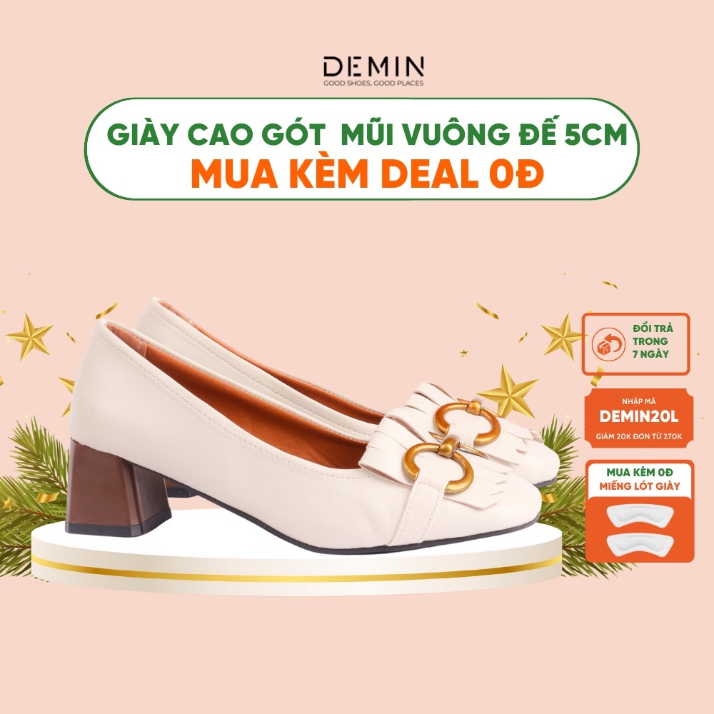 Giày cao gót 5cm DEMIN Giày cao gót da mềm mũi vuông gắn hoạ tiết - KCG060