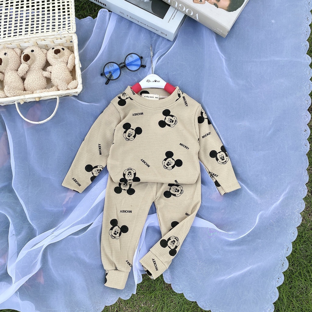 Bộ dài tay thu đông cho bé trai bé gái 8-18kg, vải tổ ong cao cấp, họa tiết Mickey ngộ nghĩnh - BO102