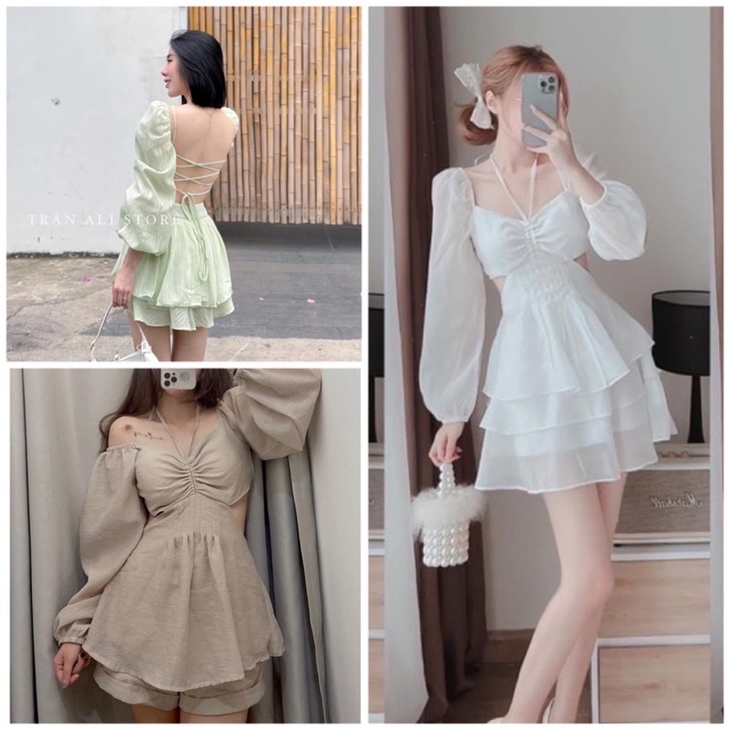 Set áo rút dây ngực tay dài cut eo hở lưng đan dây kèm quần short gấp line