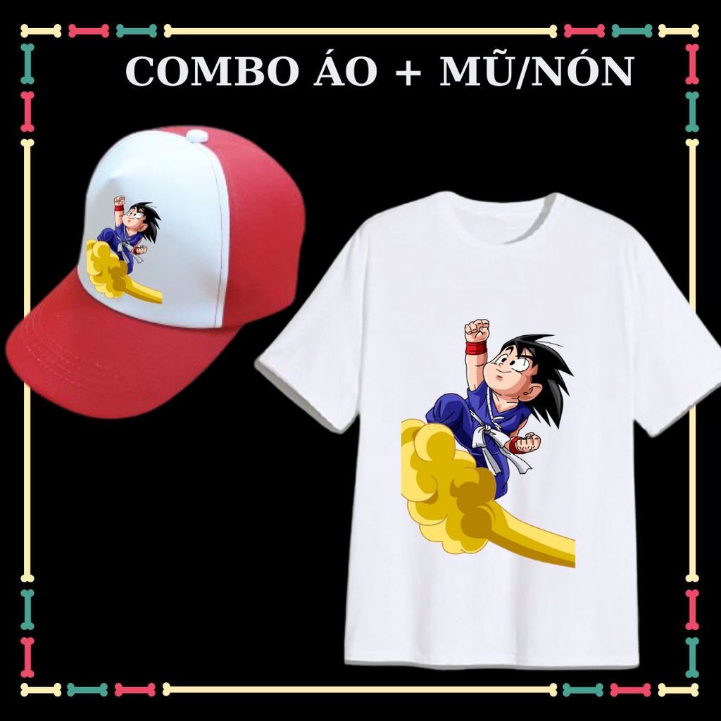 Áo thun ngắn tay trẻ em mẫu Songoku, Dragon ball siêu ngầu, vải co giãn 4 chiều-Kèm Mũ lưỡi trai-Kèm huy hiệu