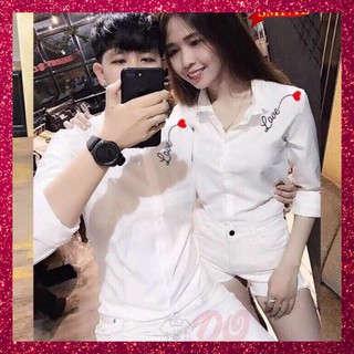 ÁO SƠ MI CẶP, ÁO SƠ MI ĐÔI, ÁO SƠ MI NAM NỮ, TRẮNG THÊU HÌNH TRÁI TIM DÀI TAY KATE LỤA CHỐNG NHĂN