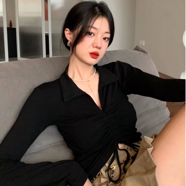 QADCOL Áo lửng tròng đầu tay dài dáng ôm phối dây rút hợp thời trang