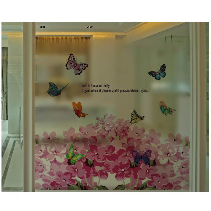 Decal trang trí kính cao cấp mẫu hoa bướm hồng (58x60cm)