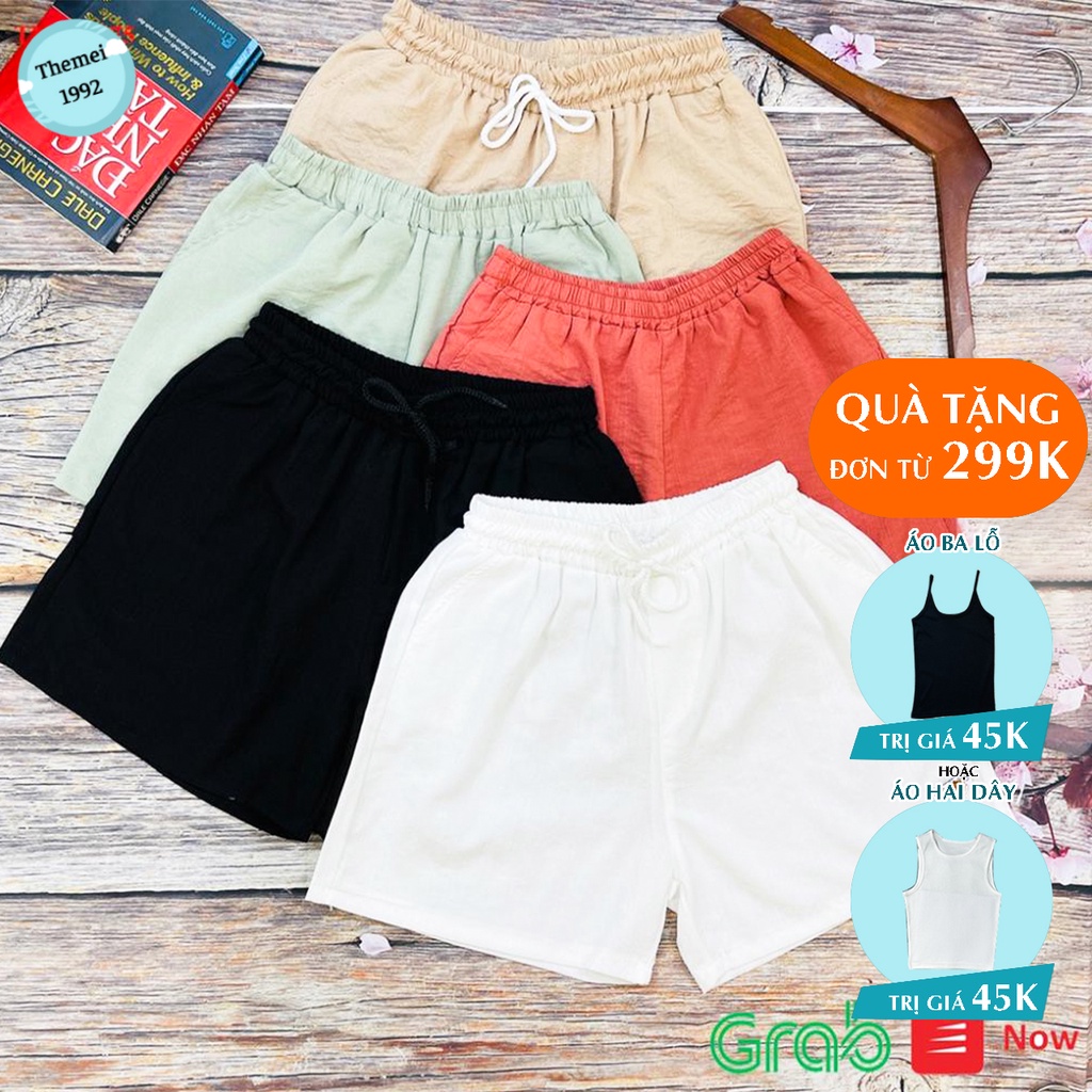 Quần đùi short nữ THE MEI 1992 cao cấp - Quần sooc nữ vải đũi thời trang năng động thêu chữ bắt mắt