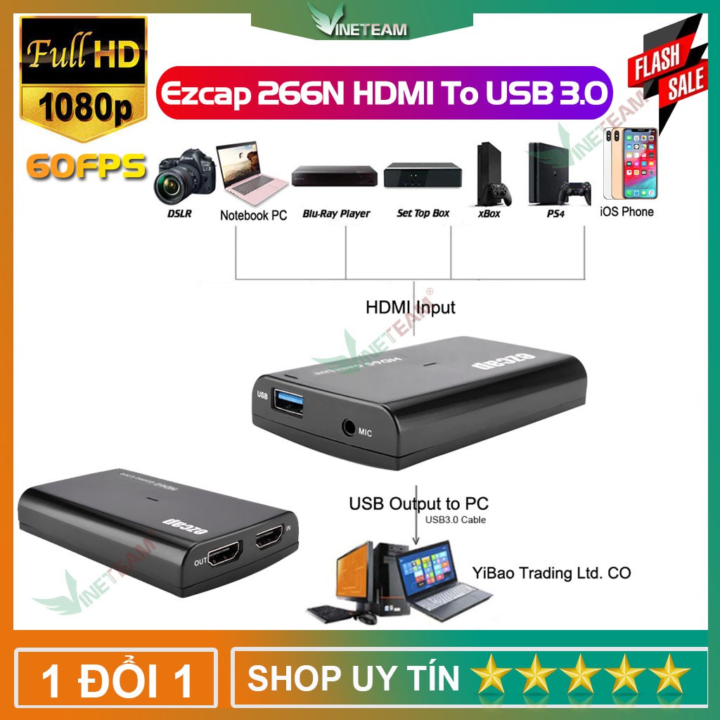 Ezcap 266 hộp Video Game Capture hdmi to usb 3 0 livestream obs hỗ trợ 1080p 60fps Tương Thích Với Windows/Mac/Linux