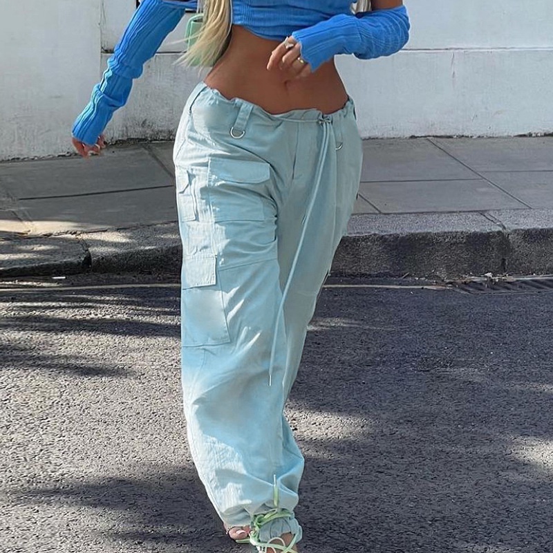 Quần Dài Lưng Cao Phối Túi Thiết Kế Dây Rút Thời Trang Đường Phố Cá Tính Cho Nữ