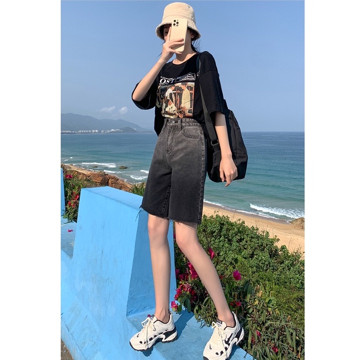 Quần short lửng jean ống rộng màu khói tua gấu phong cách hàn quốc Ullzang MSHA6