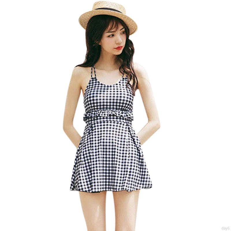 Korea Fashion New Plaid Sexy Small Chest Gathered Thin Swimsuit Female Conservative Student Conjoined Plus Size Swimsuit | BigBuy360 - bigbuy360.vn