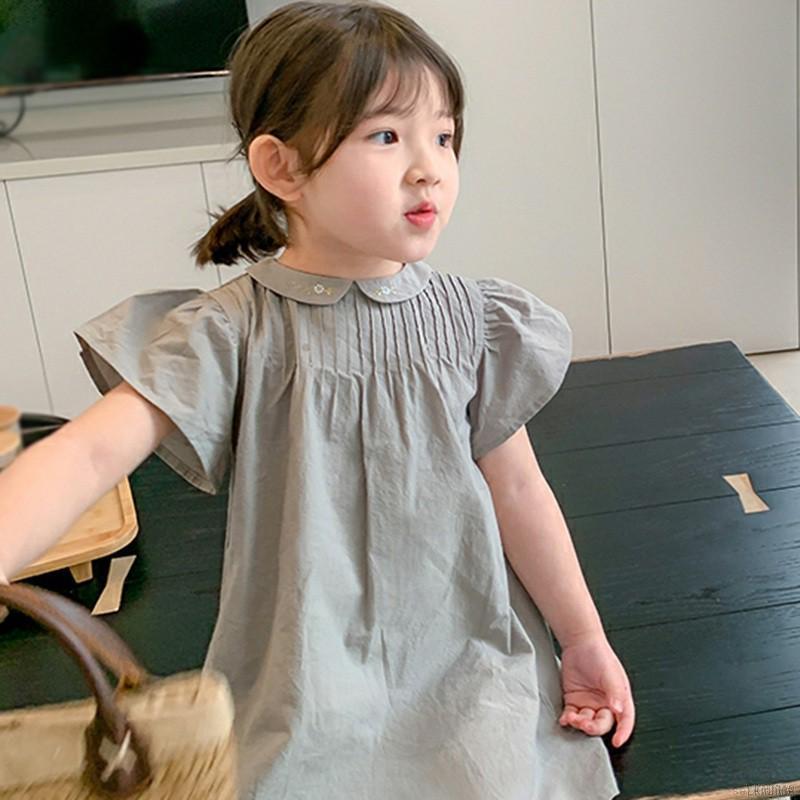 Đầm Phong Cách Hàn Quốc Thêu Viền Cổ Đáng Yêu Cho Bé Gái