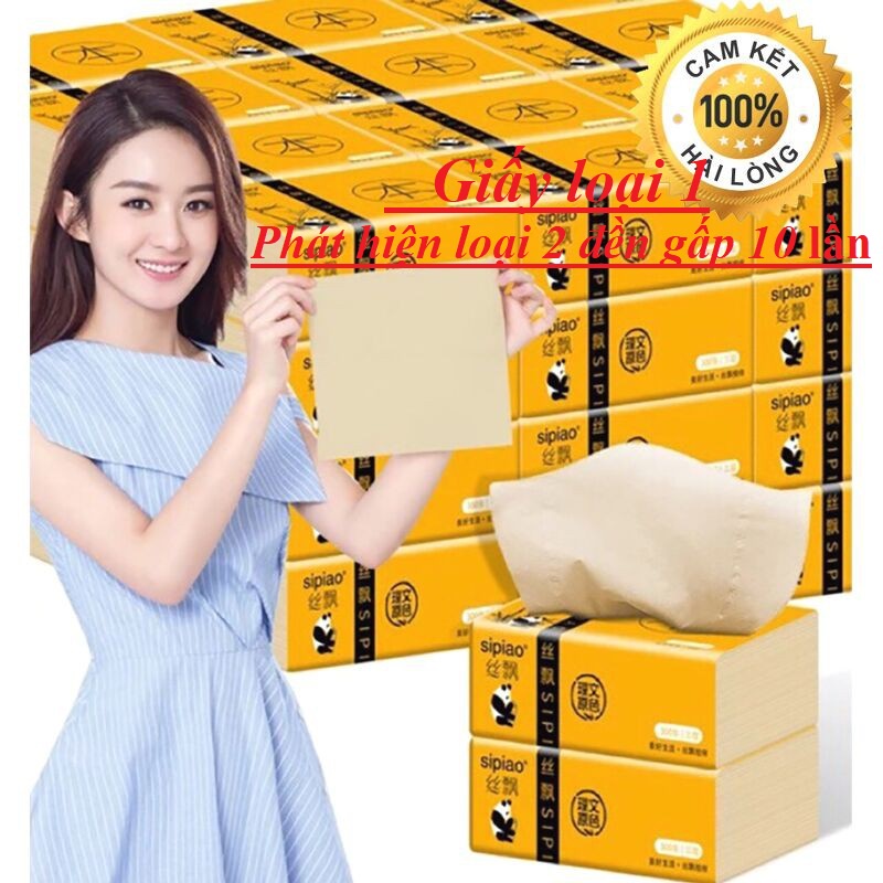 Giấy ăn gấu trúc sipiao chính hãng, giấy đục không tẩy trắng, giấy 3 lớp, đóng gói 300 tờ/bịch