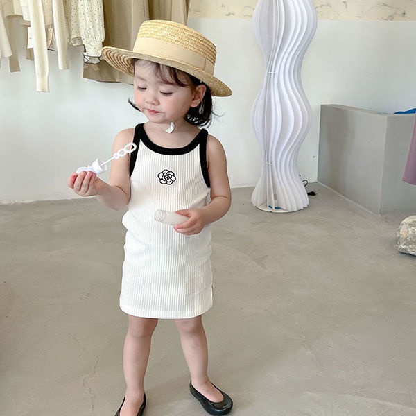 Đầm Hai Dây Mỏng Co Giãn Họa Tiết Hoa Trà Mùa Hè Đáng Yêu Cho Bé Gái