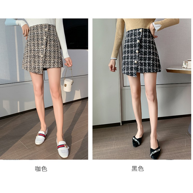 Chân váy len chữ A lưng cao phối nút ngọc trai nhân tạo thời trang cho nữ