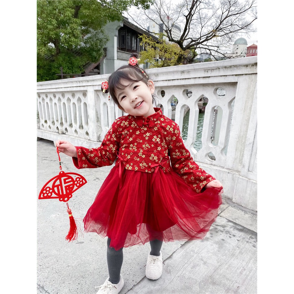 Váy đầm nhung đỏ bé gái thu đông