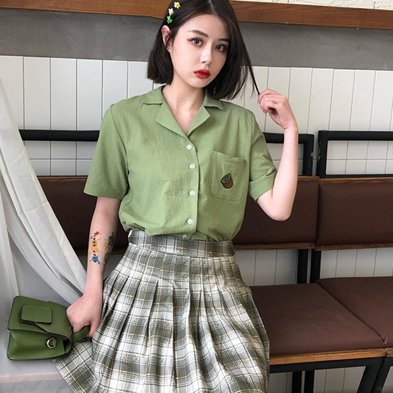 Áo Sơ Mi Nữ Tay Ngắn Có Cổ Thêu Hình Trái Cây Thời Trang