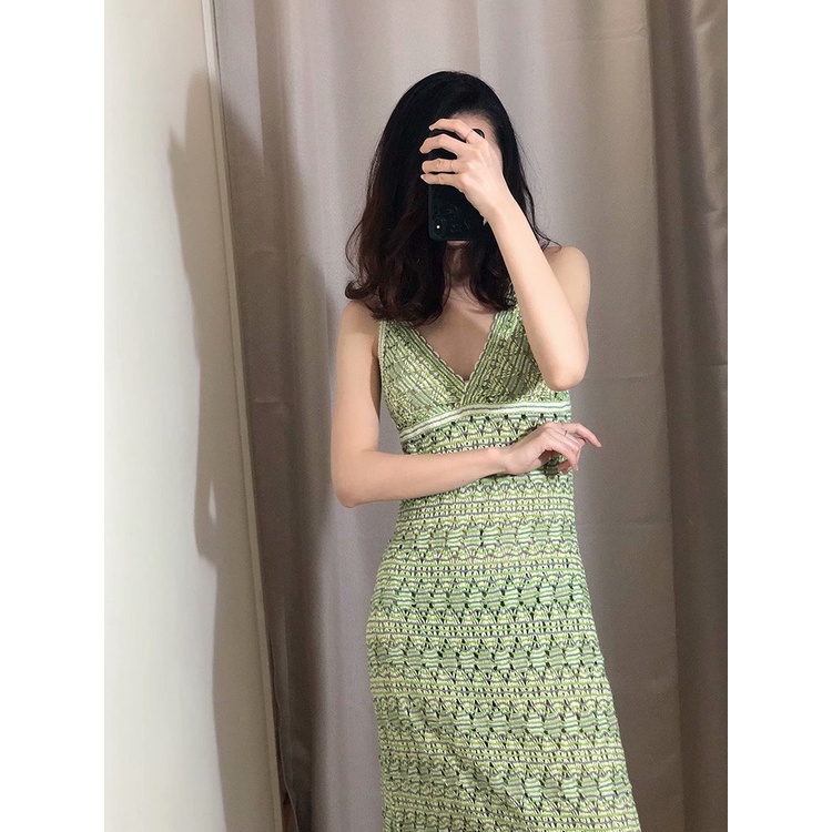 Đầm, váy maxi hai dây xanh đan len tua rua thời trang nữ mới nhất
