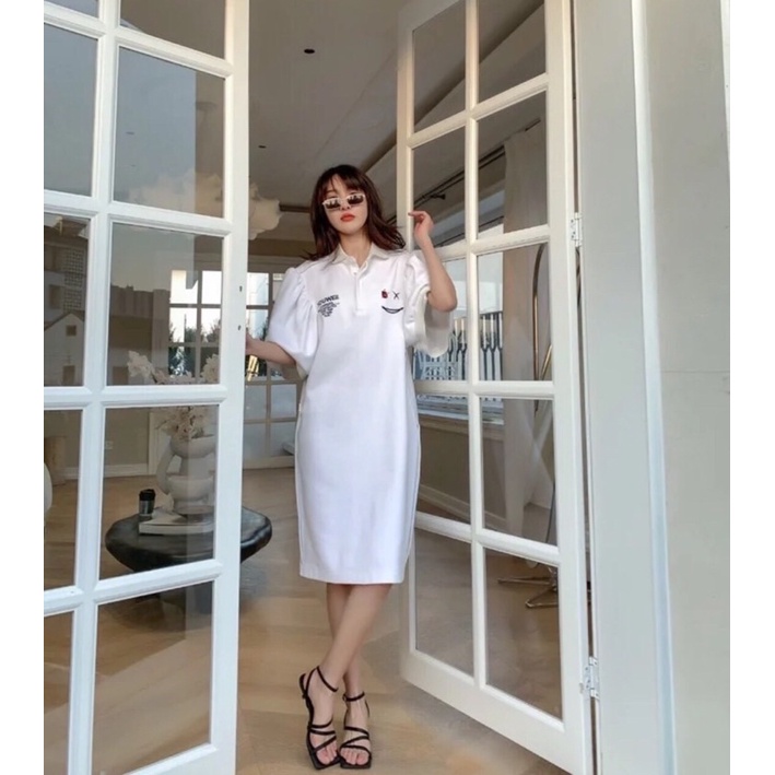 đầm nữ dáng dài rộng tay lửng cổ polo vải cao cấp