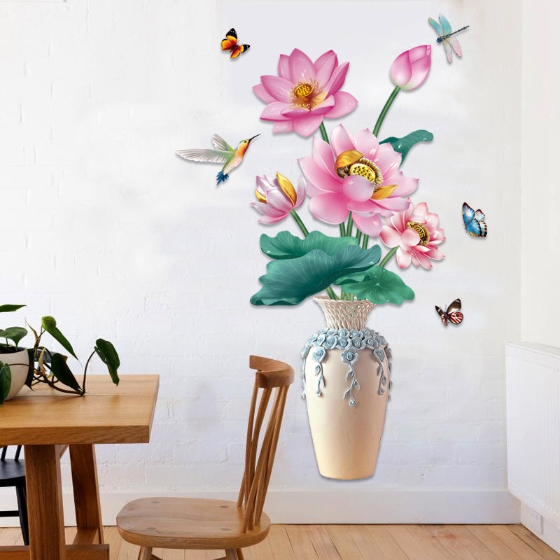 Tranh dán tường 3D Bình gốm hoa sen mẫu 3 KT 88x126cm, Decal trang trí phòng