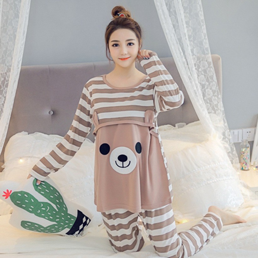 Đồ bộ bầu và sau sinh cho con bú dài tay gấu nâu có bigsize 80kg - BND223