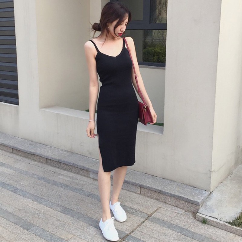 Middle Long Suspenders Skirt Female Spring And Summer Slim Sexy Bag Hip Knit Skirt Vest Long Skirt Tight Dress Bottom Sk