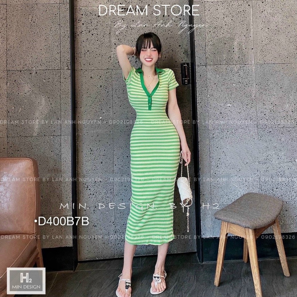 Đầm body cổ đức tay ngắn dáng dài họa tiết sọc, bầu bí bon chen đc nha