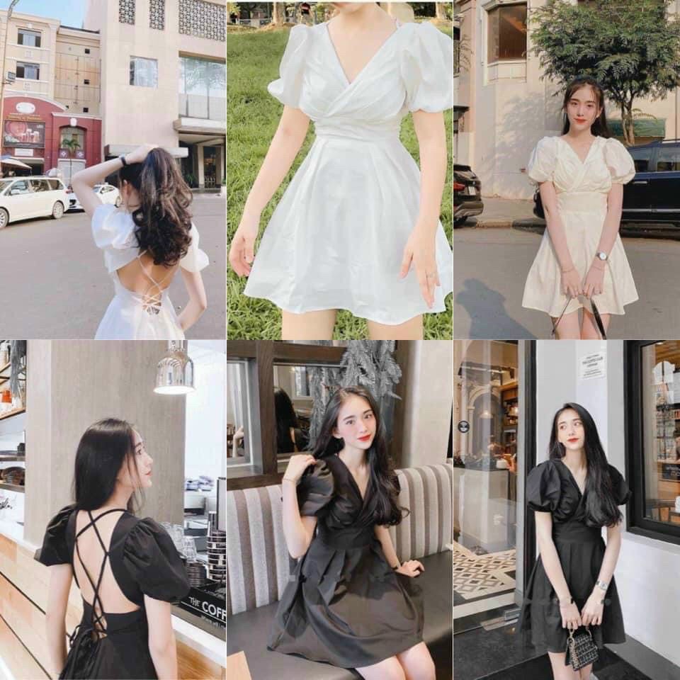 Đầm dự tiệc from chuẩn xếp li chéo trước ngực cổ V hở lưng đan dây chéo có mút ngực