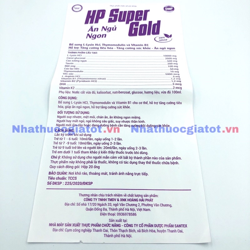 [20 ống] HP Super Gold Ăn Ngủ Ngon giúp ăn ngon miệng, hỗ trợ tiêu hoá, tăng cường sức khoẻ cho bé