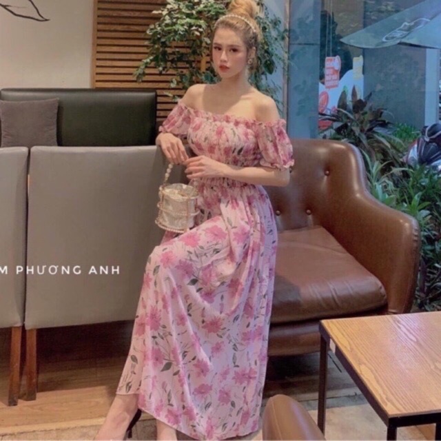 Đầm mãi dài hoa nhí bẹt vai NHIỀU MÀU chun ngực freeship đén 65kg đầm chun ngực