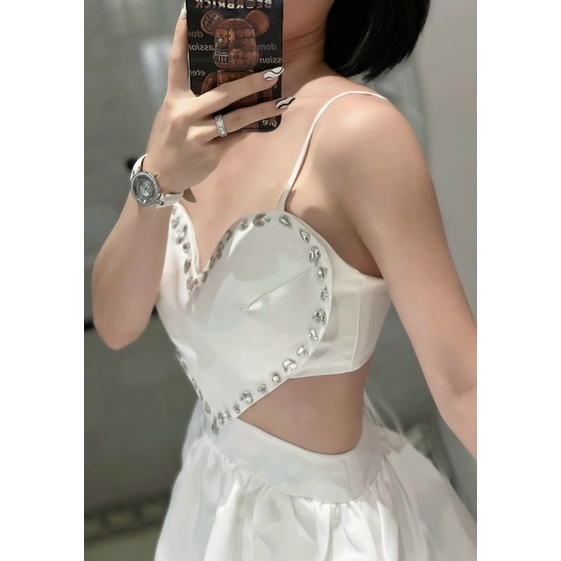 Đầm tafta đính cườm 2 dây hở/khoét eo lưng trắng đỏ đen, váy ngắn tim xoè dễ thương sang trọng tiểu thư đi chơi dự tiệc