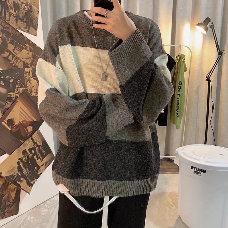 > Áo len dệt kim cổ tròn tay dài dáng rộng phối màu sắc tương phản thời trang mùa thu phong cách Hàn Quốc nam