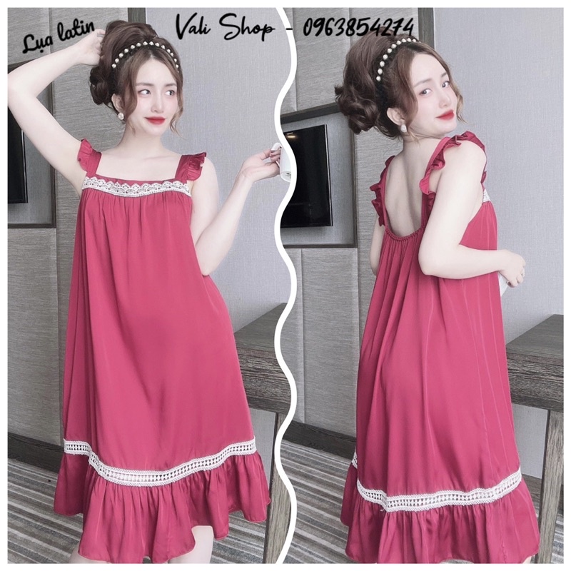 Váy ngủ mặc nhà lụa latin phối ren đuôi cá xoè freesize 42-57kg