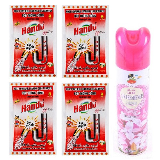 Combo 4 gói bột thông cống xuất khẩu HANDO + Xịt Thơm Phòng Sandokaebi Hàn Quốc 370ml