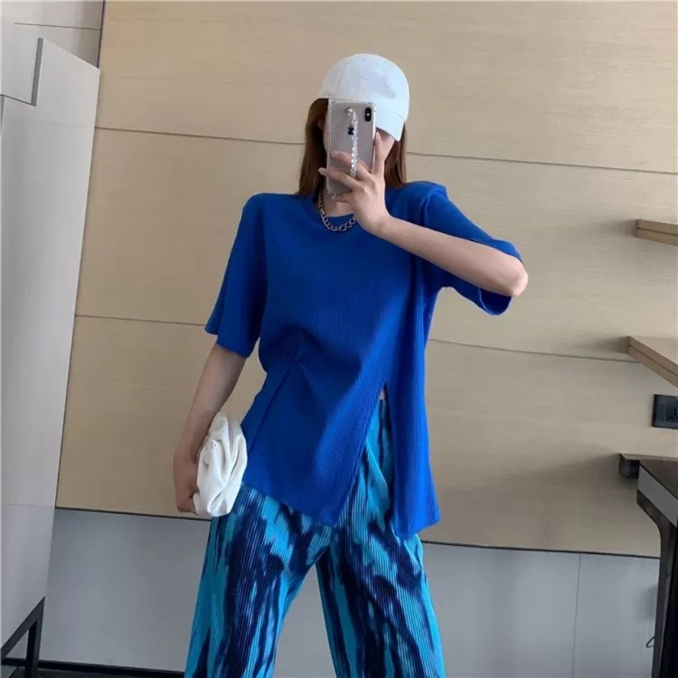 Áo thun IELGY tay ngắn dáng suông xẻ tà tùy chọn màu sắc dễ phối đồ thời trang hè cho nữ