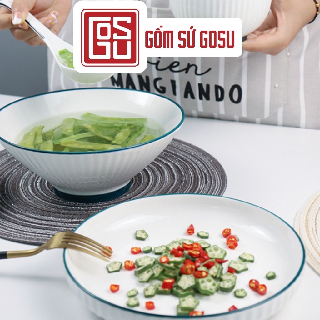 Bộ Chén Dĩa Gốm Sứ Gosu Trắng Viền Xanh Sang Trọng Chén Dĩa Decor