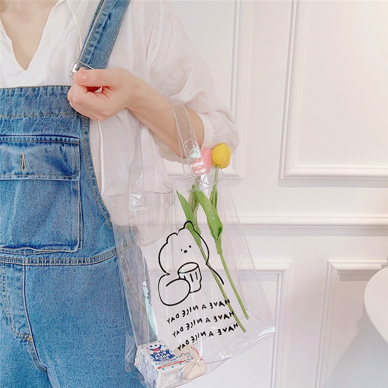 Túi Xách Tay Bằng Nhựa Pvc Trong Suốt In Hình Gấu Dễ Thương Cho Nữ
