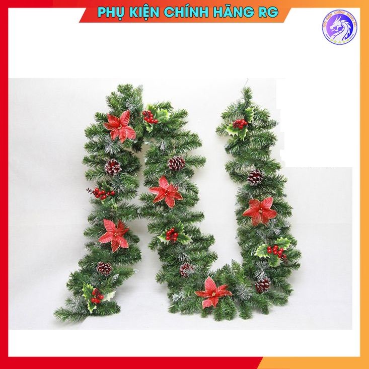 Dây lá thông trang trí noel 3 loại lá kèm quả thông và hoa đỏ dài 2m7 siêu đẹp