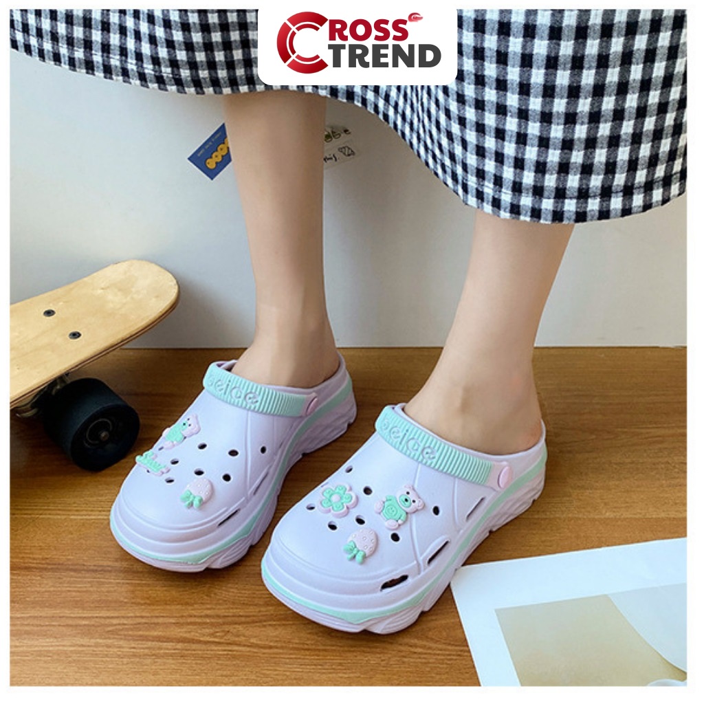 Dép cross đế cao, Dép crocs nữ hottrend 2023 độn 4.5cm Beice êm chân siêu nhẹ CROSS TREND