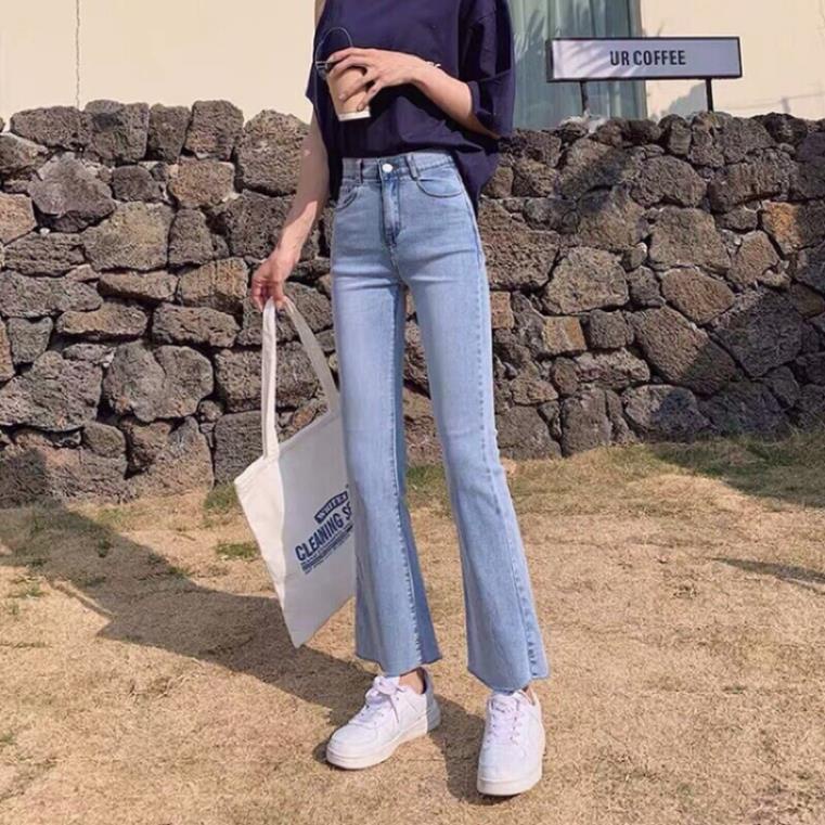 Quần bò jean nữ ống loe đứng co giãn jeans cạp cao cao cấp Hottrend 2022
