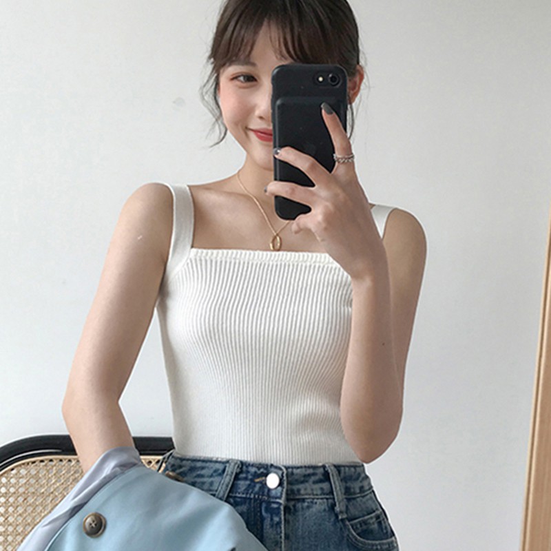 Áo Dệt Kim Nữ Sát Nách Cổ Vuông Màu Trơn Gợi Cảm