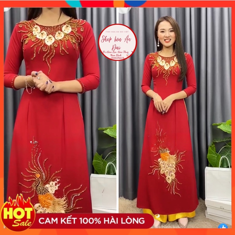 Áo dài truyền thống cho mẹ lên sui gia, áo dài thiết kế đính kết ren phối hợp pha lê cao cấp sang chảnh